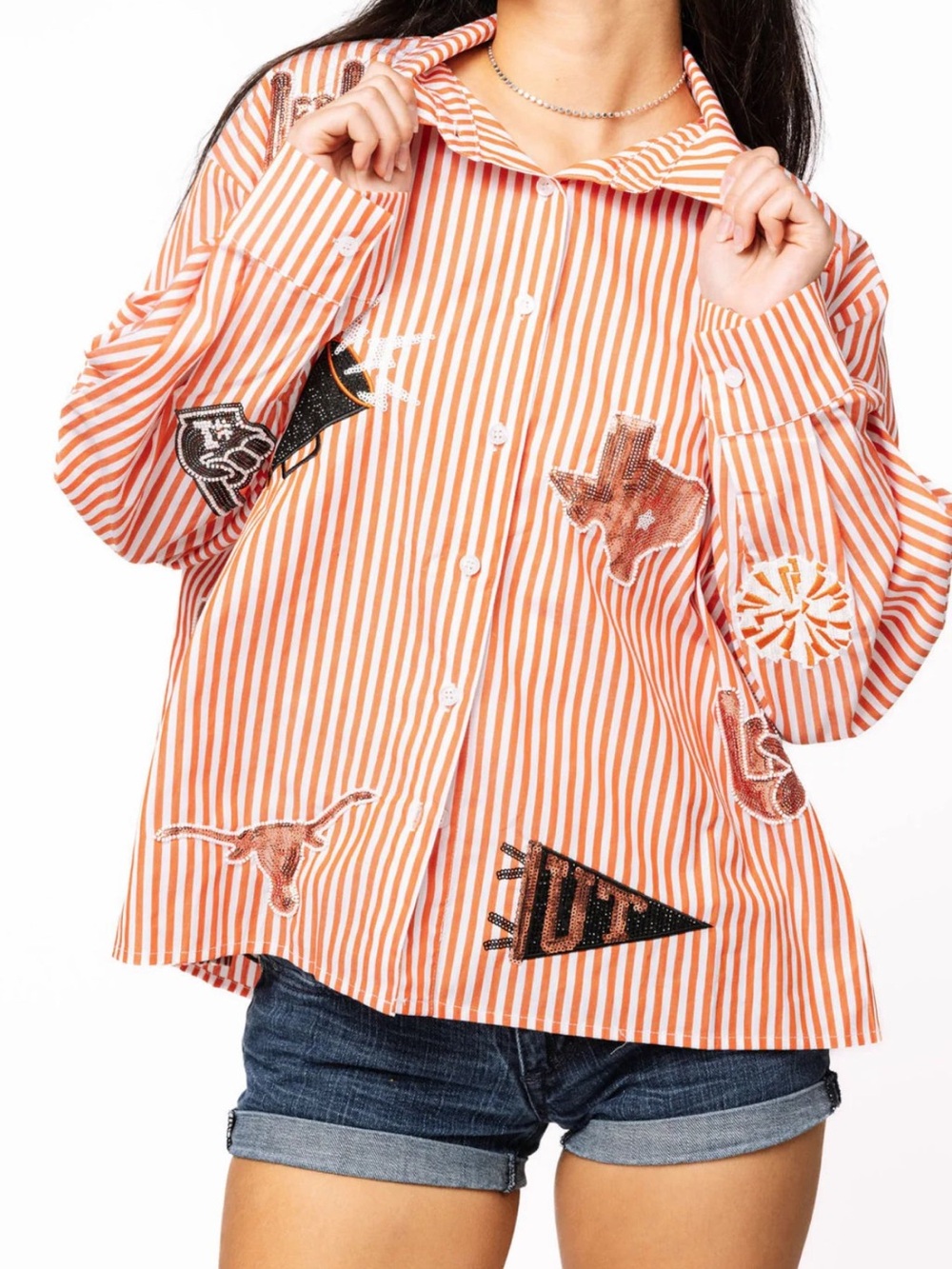 QUEEN OF SPARKLES Orange & White Striped Button-Down Shirt - Picture 1 of 2